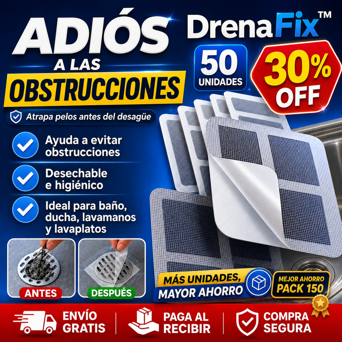 DrenaFix™ - Retiene pelos antes del desagüe
