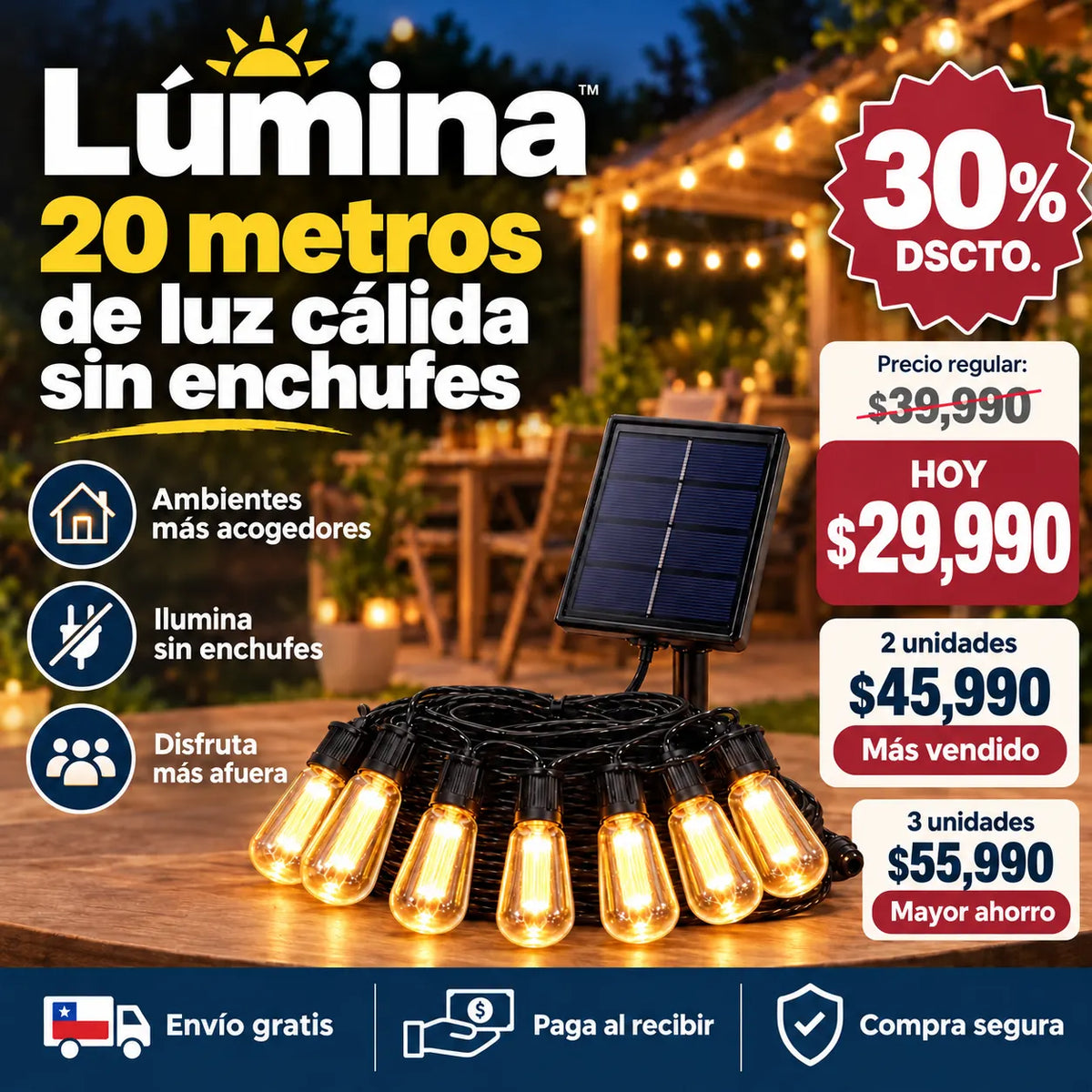 Lúmina™ - 20 metros de luz cálida sin enchufes