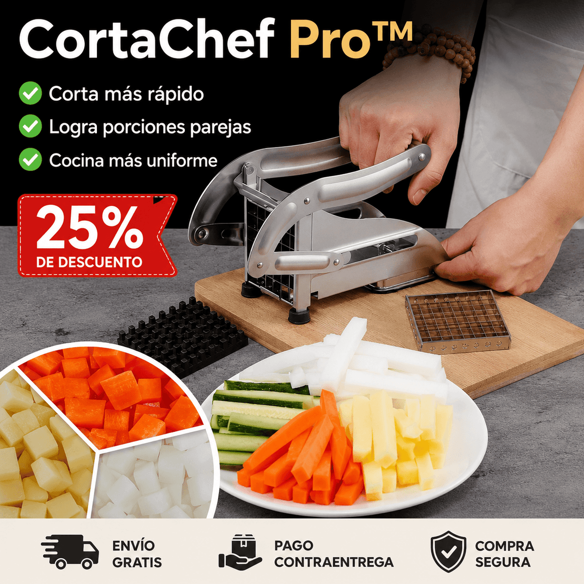 CortaChef Pro™ - Papas y verduras parejas en segundos